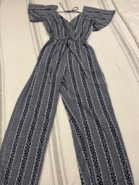 indulge Navy and Cream Striped Jumpsuit with Flutter Sleeves & Drawstring Waist